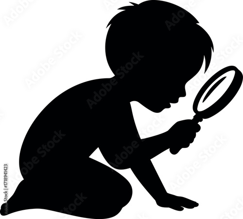 Curious child silhouette magnifying glass discovery exploration vector