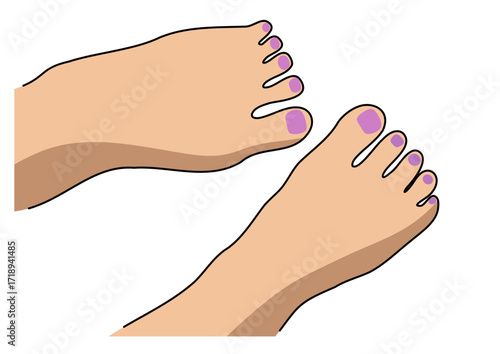 Woman's two feet side by side with purple painted toenails. Foot care and pedicure concept for relaxing summer vacation.