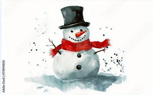 Snowman Wearing a Black Hat and Red Scarf Stands Cheerfully in a Winter Scene