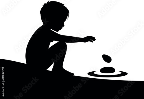 Silhouette child playing with water ripples outdoors summer joy vector