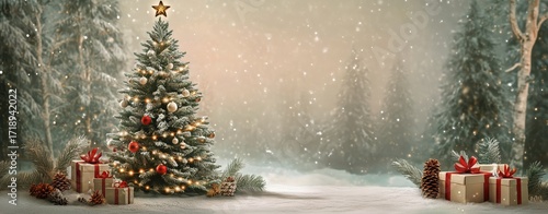 Festive Christmas Tree Surrounded by Snow and Gifts in a Winter Landscape.