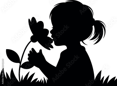 Silhouette of young girl smelling flower in garden vector