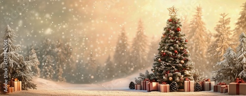 Festive Christmas Tree Surrounded by Snow and Gifts in a Winter Landscape