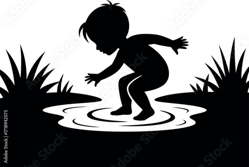 Child silhouette playing in puddle joyful outdoors activity vector