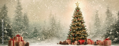 Snowy Christmas Scene With Decorated Tree and Gift Boxes in a Serene Winter L...