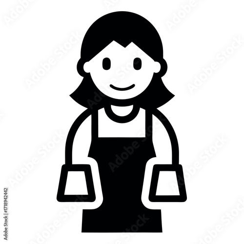Stylized Woman in Apron Icon with Smiling Face and Square Pockets, Black and White