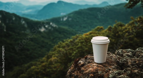 Scenic Landscape With a Coffee Cup Resting on a Rock During Sunset in the Mou...