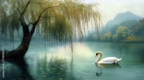 Swan Swimming Peacefully in a Serene Lake Surrounded by Willow Trees at Dawn.