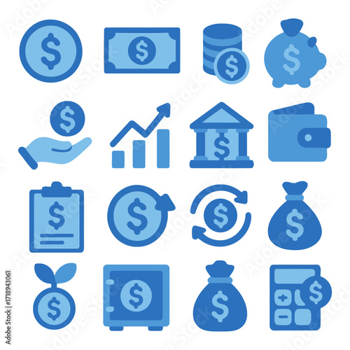 Financial Icons: A visually captivating collection of minimalistic icons representing money and financial concepts. The icons in a cohesive palette design evoke a sense of trust and reliability.