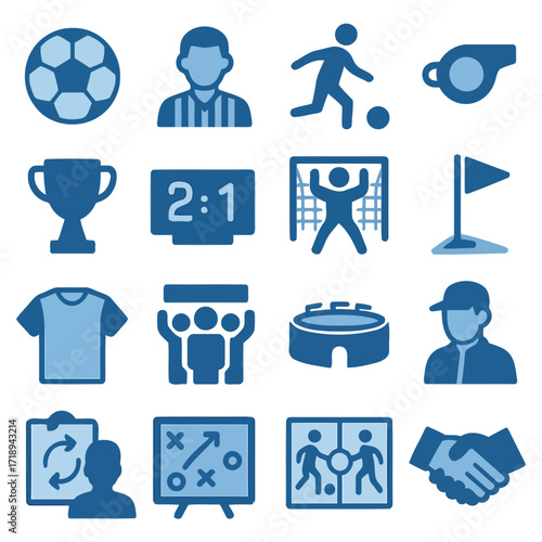 Soccer Icon Set: A comprehensive collection of meticulously designed soccer icons, rendered in a vibrant blue hue, perfect for conveying the essence of the sport with clarity and style.