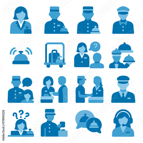 Hotel Service Iconography: An array of hotel service icons, rendered in a clean, stylized manner, presenting a visual lexicon of hospitality and guest services.
