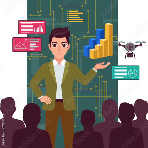 Dynamic presentation of business data with drone technology and audience engagement, demonstrating innovation and future growth potential, inspiring confidence