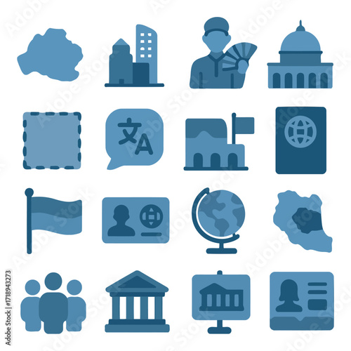 Global Cultural Elements and Symbols: A vibrant collection of flat design icons representing a multitude of global cultures, elements, and symbols in a clean, clear style, perfect for communication.