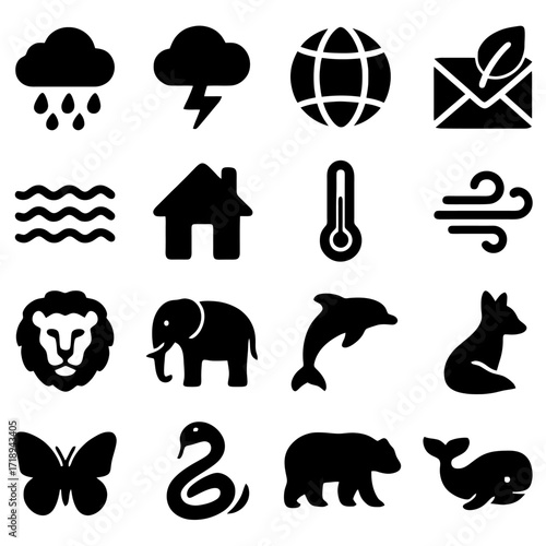Global Ecology Icons: A series of interconnected icons portraying global environmental elements and living creatures. The graphic collection represents nature's essential features.