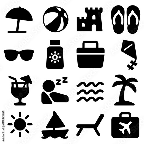 Summer Fun Icons: A vibrant collection of simple, sleek icons, evoking a sense of relaxed seaside fun, holidays, and warm weather enjoyment, each with a playful and inviting feel.