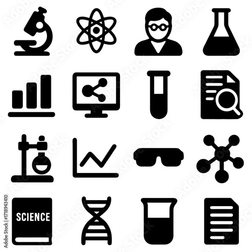 Scientific Icons: A collection of scientific icons, showcasing various elements related to scientific research, with a focus on representing the tools and symbols of science.