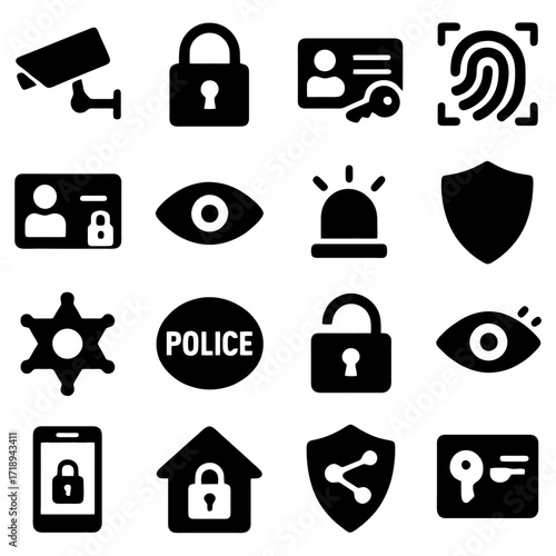 Security Elements: A graphic display of various security icons, emphasizing protection, access control, and surveillance concepts.