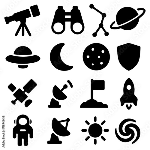 Cosmic Exploration Icons: A collection of illustrative icons captures the essence of space exploration, presenting various celestial objects and exploration tools in a visually cohesive format.
