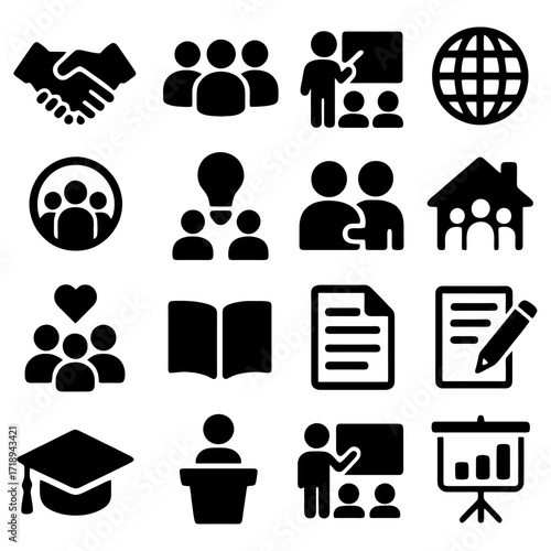 Symbolic Icons Set: A comprehensive array of intricately crafted symbols represents key concepts, from teamwork and communication to education.