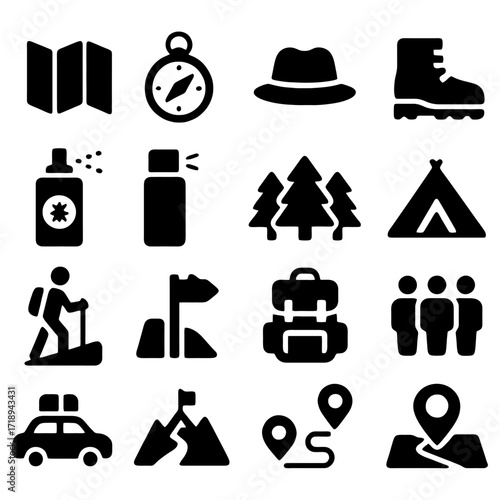 Essential Hiking and Camping Icons: A concise collection of iconic illustrations showcasing essential equipment for hiking and camping adventures.
