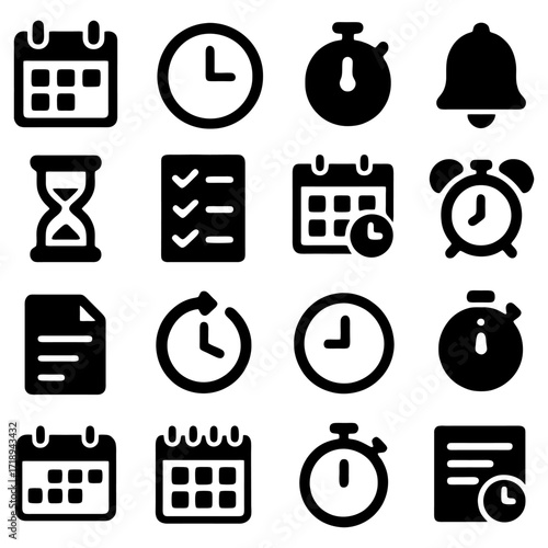 Time Management Icons: A meticulously curated collection of icon designs meticulously represents time management and scheduling. capturing punctuality and organized workflow