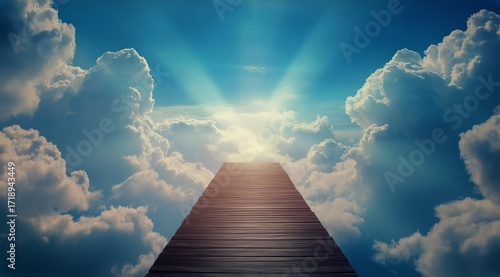 Bright Pathway Leading to the Glowing Sun Above Fluffy Clouds
