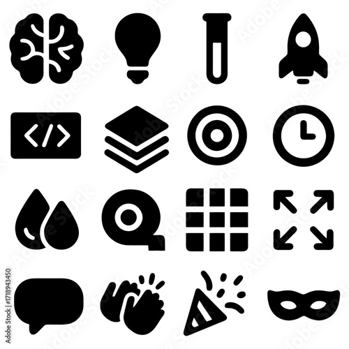 Modern Icon Set: A collection of thoughtfully designed, stylized icons in a clean, minimalist style, ideal for a variety of applications and visual needs.