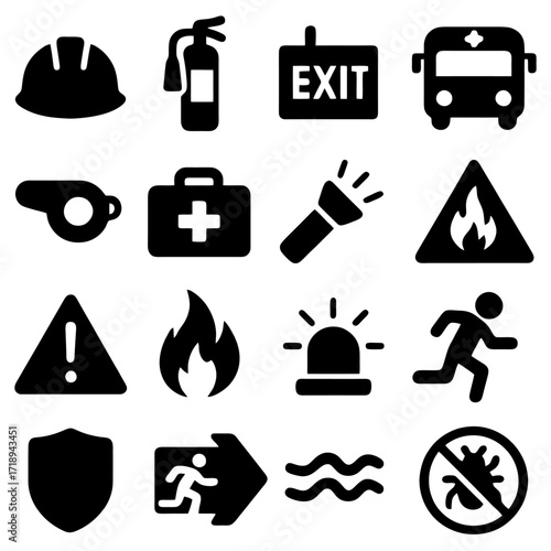 Safety Icons Silhouette: A compilation of essential safety icons, including fire extinguishers, first aid kits, and emergency exit signs, creating a comprehensive visual language for security.