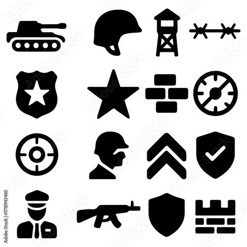 Military Elements : A graphic compilation of military icons, each a bold silhouette, forms a powerful visual narrative, capturing the essence of defense and strategy, ready for any design endeavor.