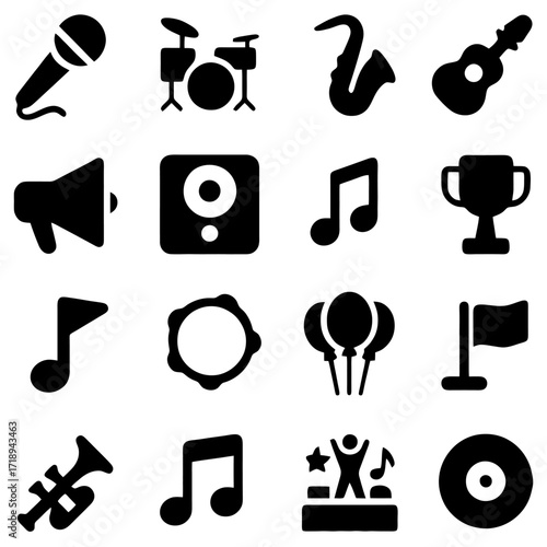 Musical Symphony: A collection of icon music elements, including instruments, notes, and celebratory symbols that visually resonate the essence of musical performance.