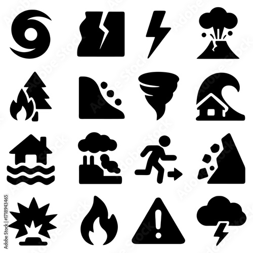 Natural Disaster Icons: A symbolic illustration of the raw power of nature, featuring a collection of icons representing various disasters. Each icon tells a story of impending catastrophe.