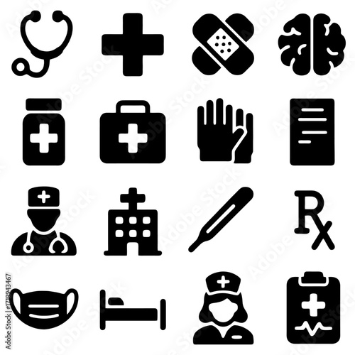 Medical Icons Set: A comprehensive collection of medical icons. Perfectly suited for medical applications, websites, and presentations. The minimalist approach is clean and easy to read.