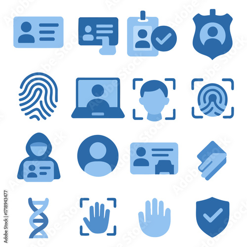 Digital ID and Security Icons: A collection of minimalist icons represents the latest digital security methods, illustrating user identification and identity management.