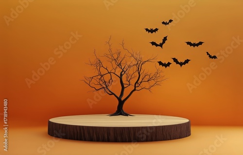 Spooky Halloween Scene Features a Bare Tree With Bats on an Orange Backdrop D...