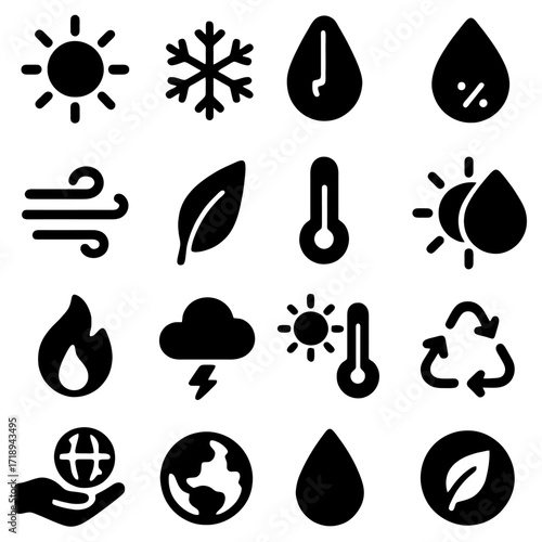 Weather Icons: A collection of icons representing diverse weather conditions and environmental symbols, offering a versatile set of visual elements. 