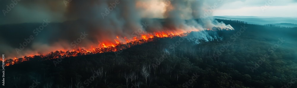 Fototapeta premium Wildfire Spreads Rapidly Across Forest Landscape During Late Afternoon Under Smoky Sky