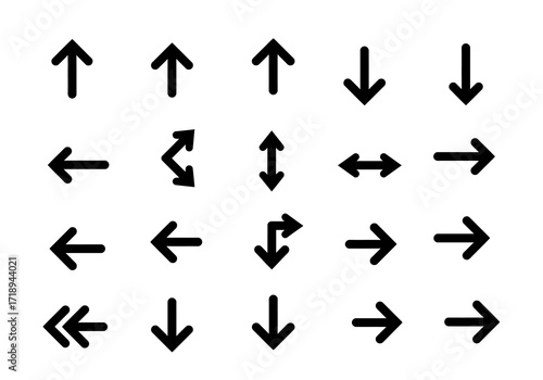 An array of 20 black arrow symbols pointing up down left and right along with angled and doubleheaded variants