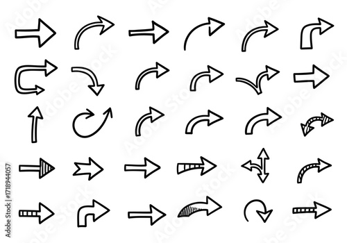 An array of 30 varied handdrawn black and white arrow illustrations