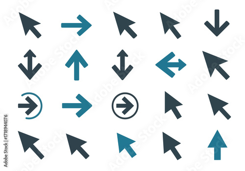 An array of twenty arrow icons presented in five rows and four columns each pointing in different directions or with unique styles