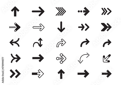 An array of twentyfour arrow icons facing various directions in solid and outlined styles