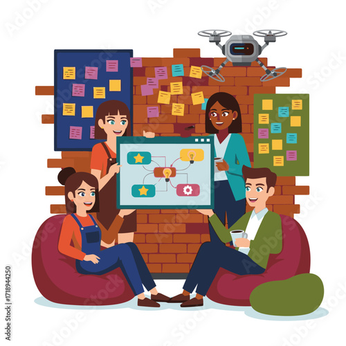 Creative team brainstorming innovative ideas with drone technology in modern office, fostering collaboration and strategic planning for business growth