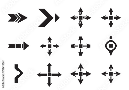 Black vector arrows point right  in all directions single directional locator icon