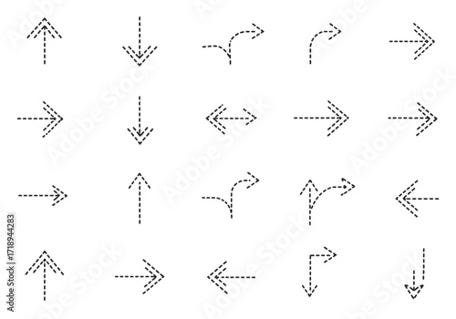 Collection of dashed arrows in various directions including straight curved and doubleheaded