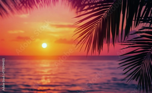 Bright Sunset Over the Ocean With Palm Leaves in the Foreground.