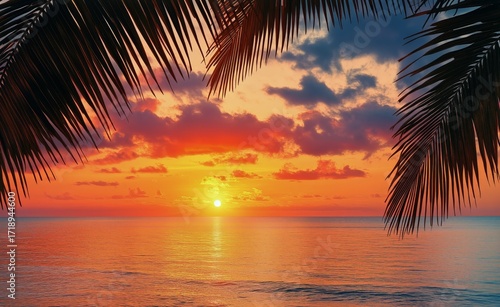Colorful Sunset Over the Ocean Framed by Palm Leaves During Early Evening.