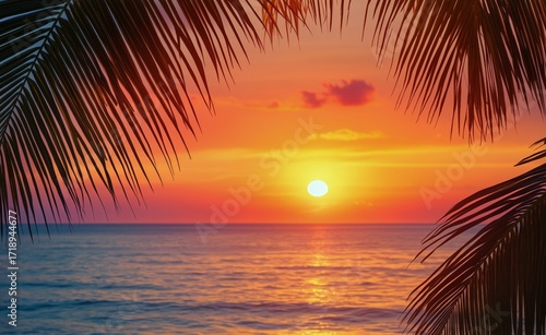 Colorful Sunset Over the Ocean Framed by Palm Leaves During Early Evening