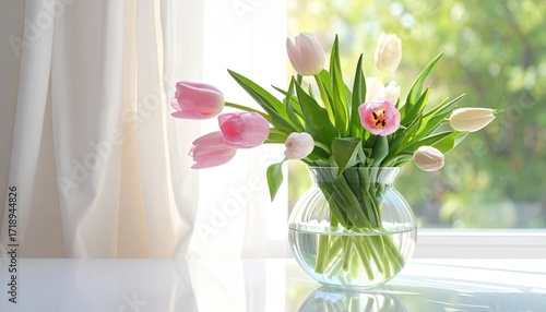Tulip Bouquet in Glass Vase with Natural Light on Tabletop