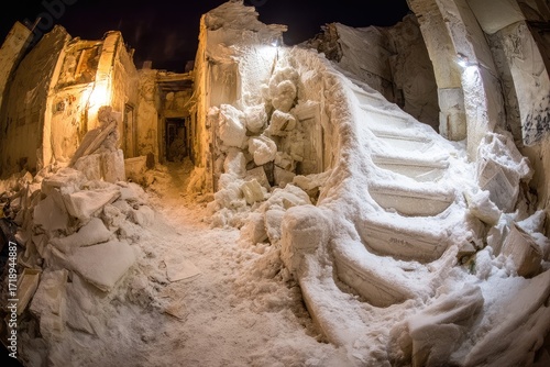 Abandoned interior, snow-covered ruins