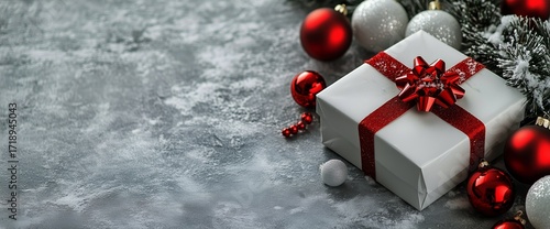 Festive Gift Box With Red Ribbon and Ornaments in Winter Snow.