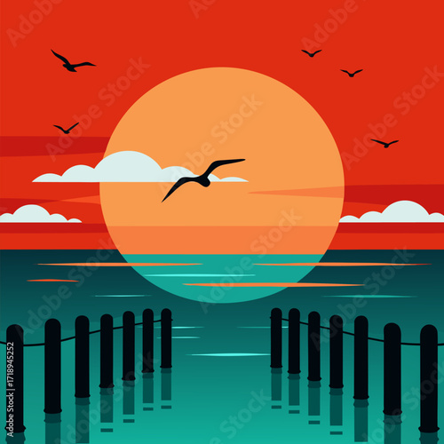 Sunset over calm ocean of flying seagull flock of birds in distance wooden pier posts vibrant orange and red sky turquoise water vector landscape background.
